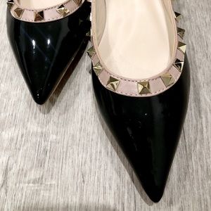 Black Patent Leather Gold Studs Ladies Flats - New